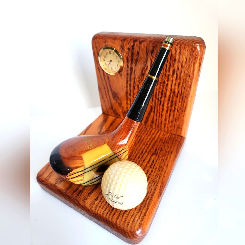 Chi Chi Rodriguez Wooden Golf Club Ball Clock Business Card Holder Office Decor